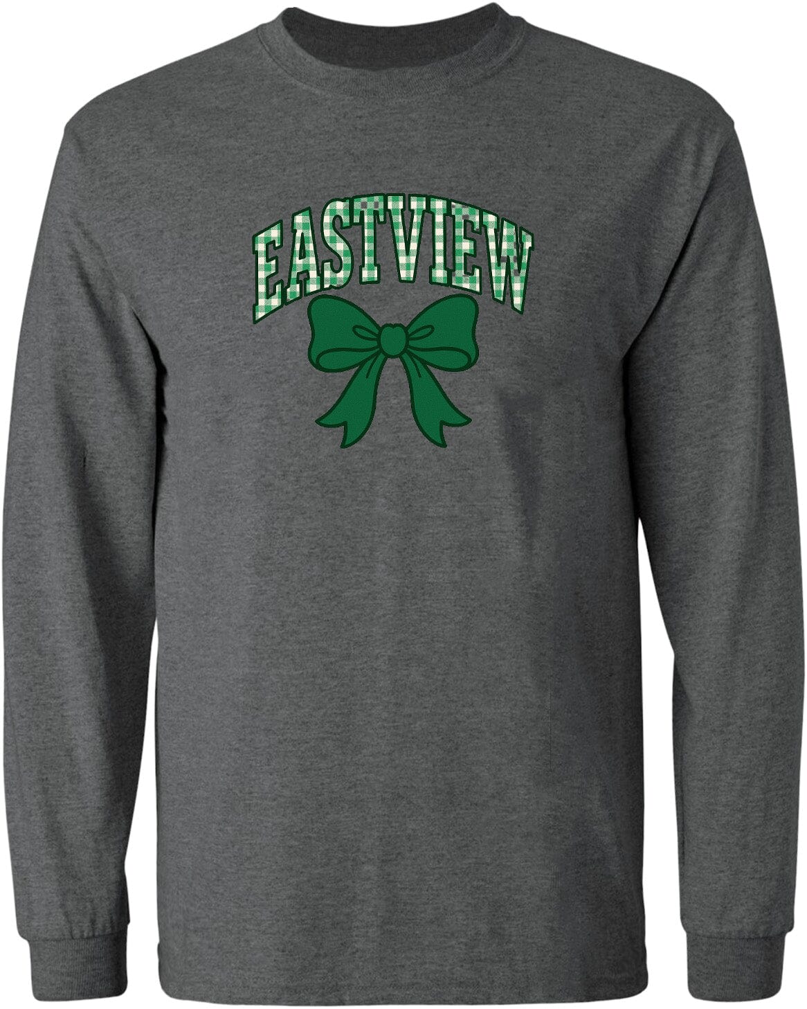 A gray long-sleeved shirt with a green bow and the word "EASTVIEW" printed on it.
