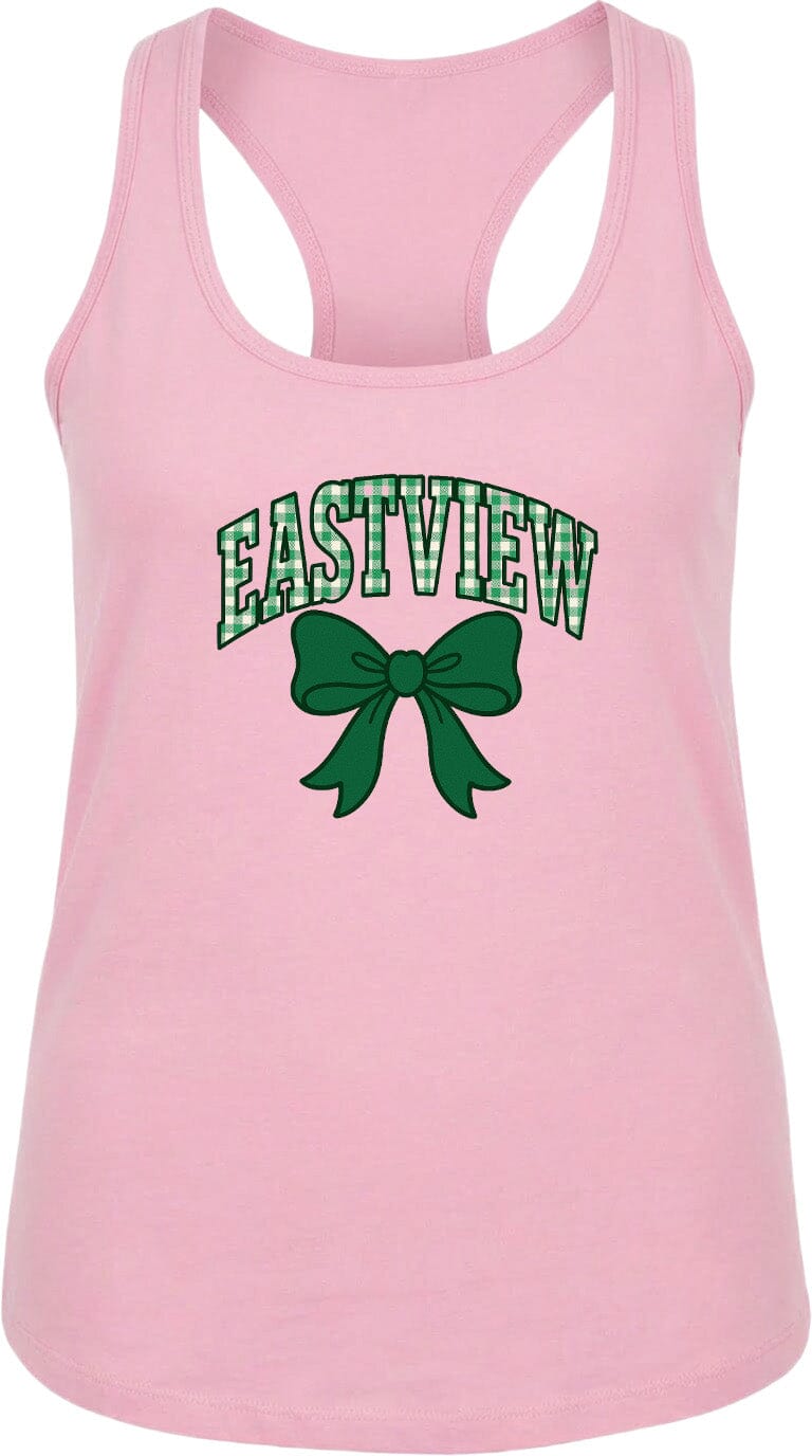 A pink tank top with the text "EASTVIEW" and a green bow graphic printed on it.