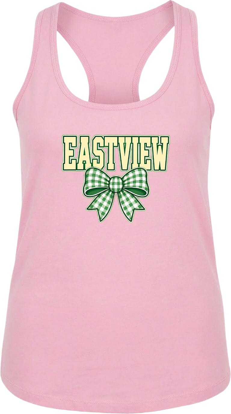 A pink tank top with the word "EASTVIEW" and a bow graphic printed on it.
