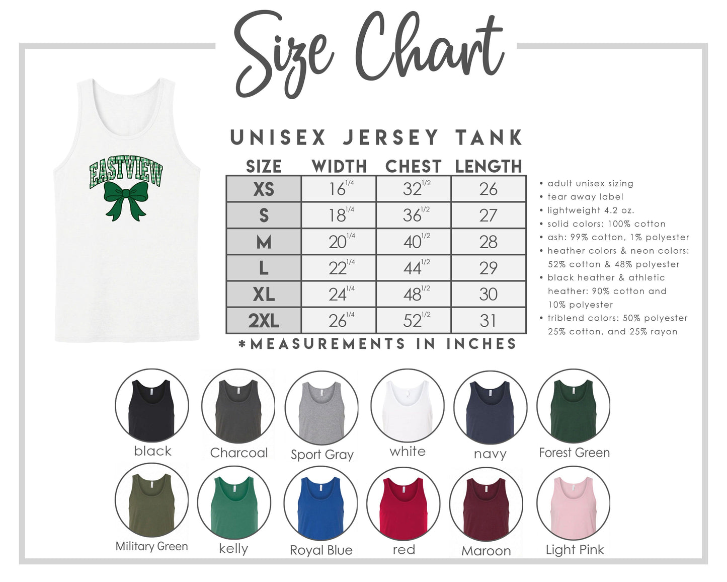 The image is a size chart for a unisex jersey tank, providing measurements and corresponding tank sizes for different chest lengths.