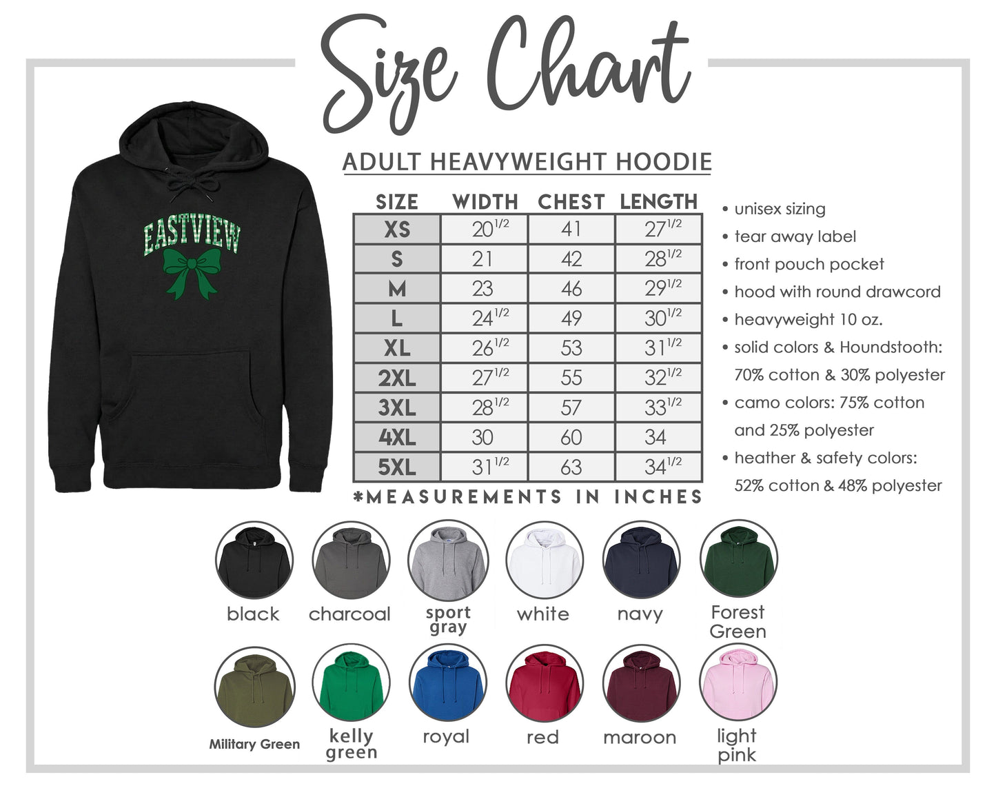 The image is a size chart for an adult heavyweight hoodie, including various color options and measurements in inches.