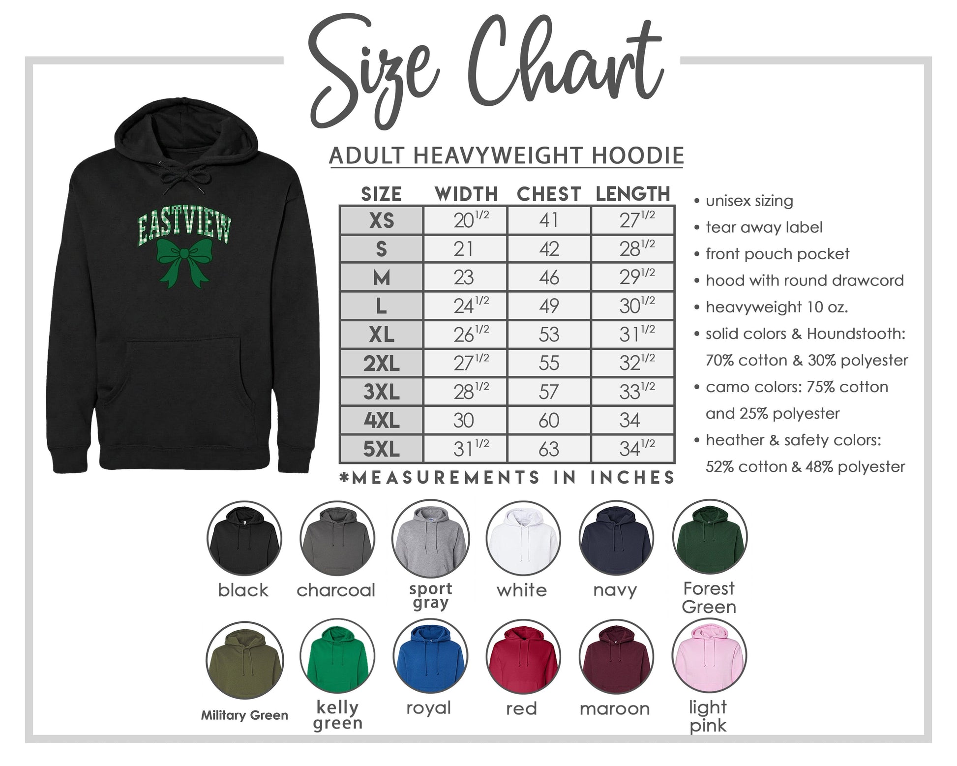 The image is a size chart for an adult heavyweight hoodie, including various color options and measurements in inches.