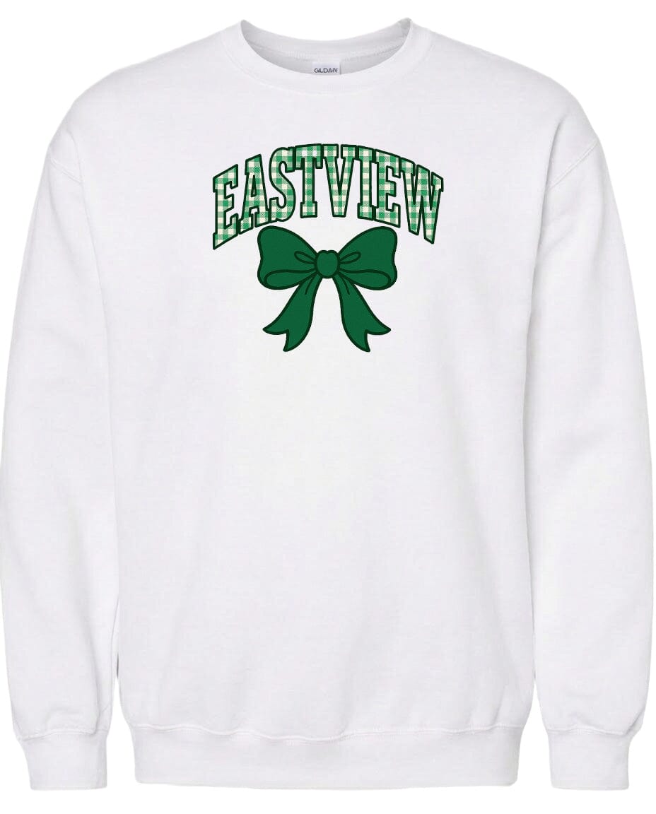A white sweatshirt with a green bow and the word "EASTVIEW" printed on it.