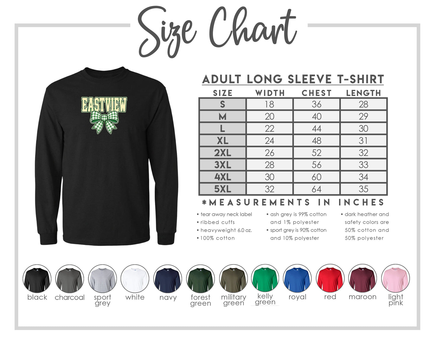 The image is a size chart for an adult long sleeve t-shirt, displaying the measurements and corresponding colors for different sizes.