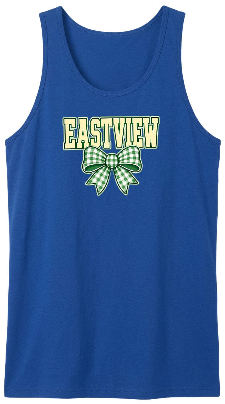 A blue tank top with the word "EASTVIEW" and a green and white bow printed on it.