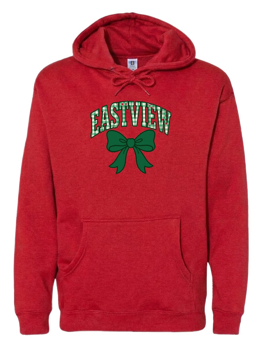 A red hoodie with the word "EASTVIEW" and a green bow printed on it.