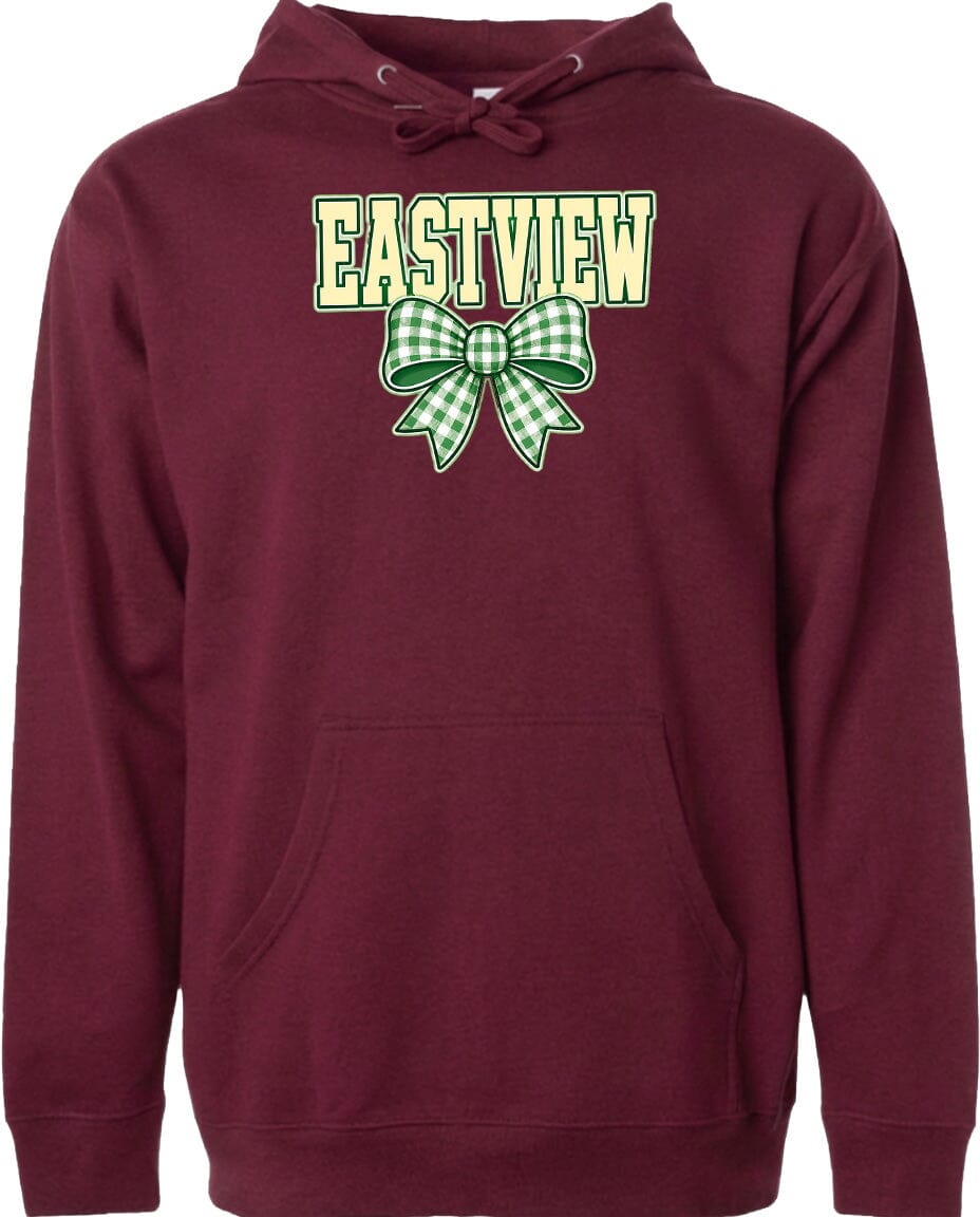 A burgundy-colored hoodie with a green and white bow on the front.