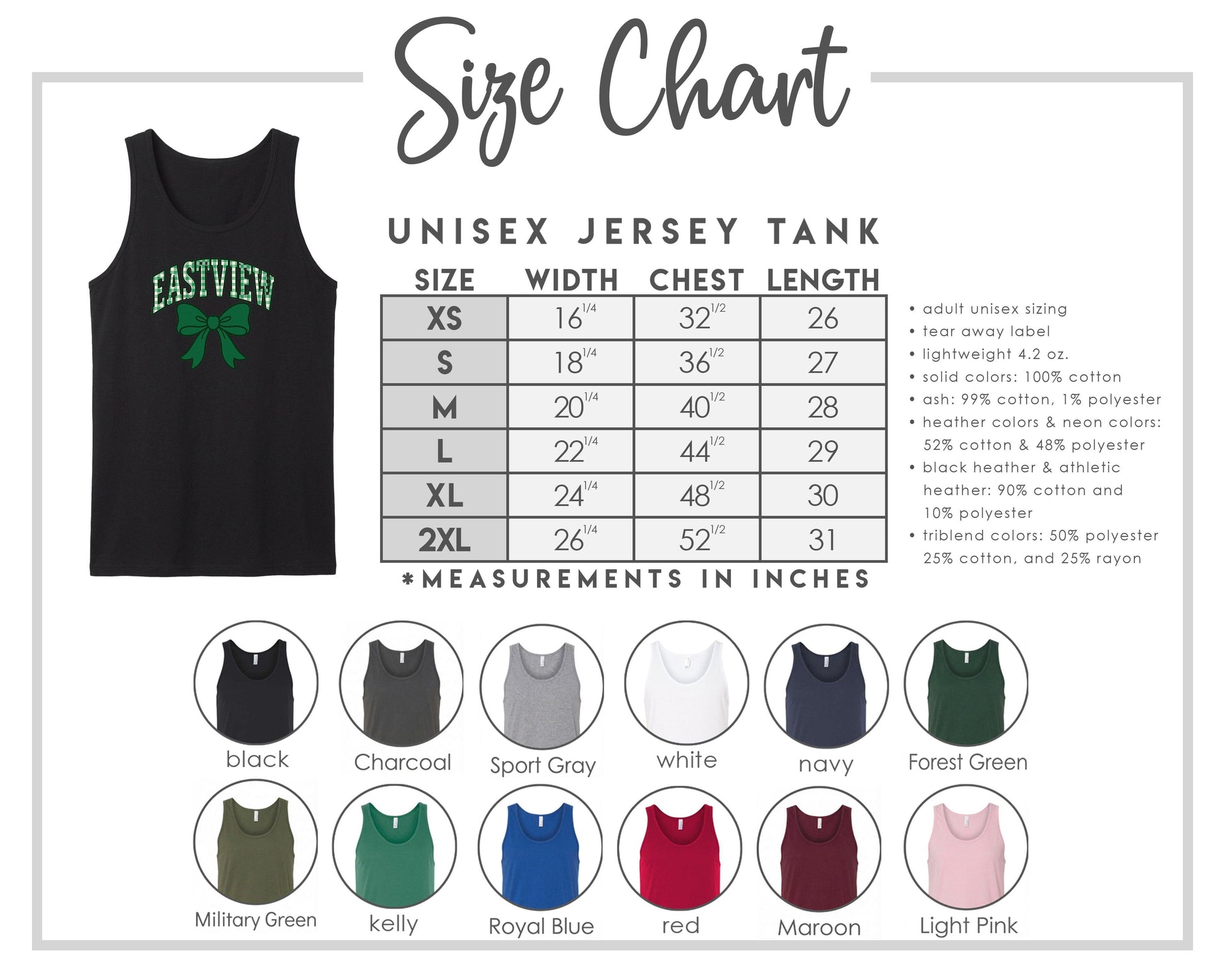 The image is a size chart for a unisex jersey tank, providing measurements and corresponding tank sizes for different chest lengths.