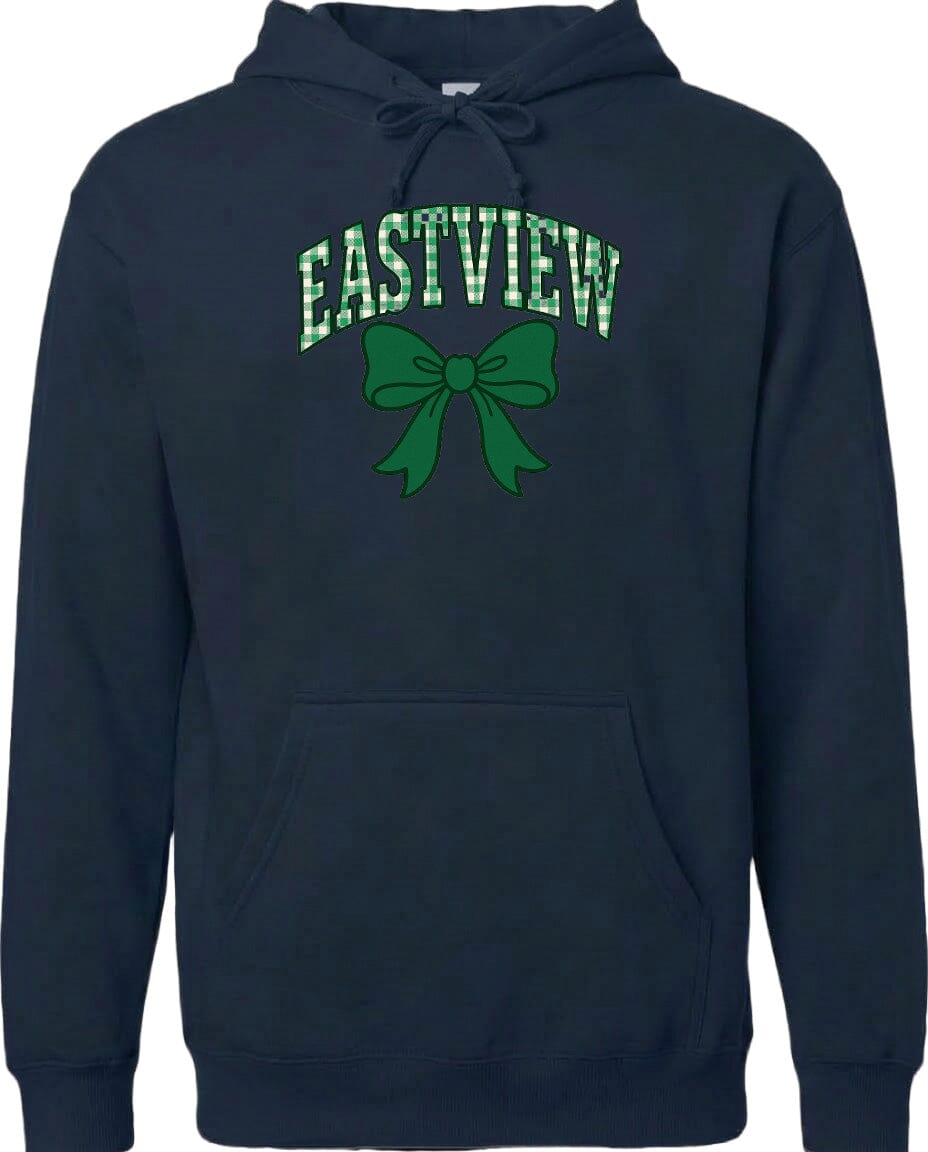 A navy blue hoodie with a green bow and the word "EASTVIEW" printed on it.