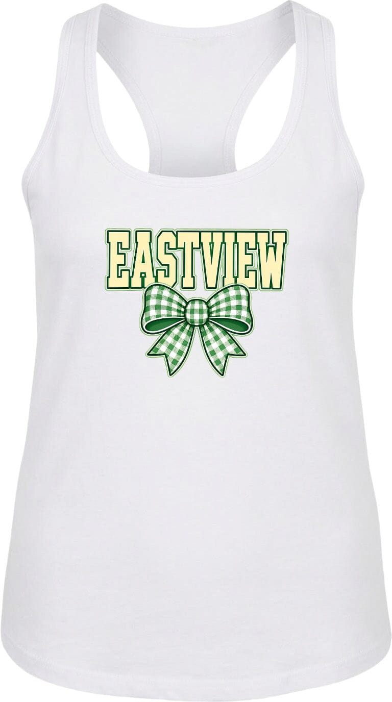 A white tank top with the word "EASTVIEW" and a green and white bow printed on it.