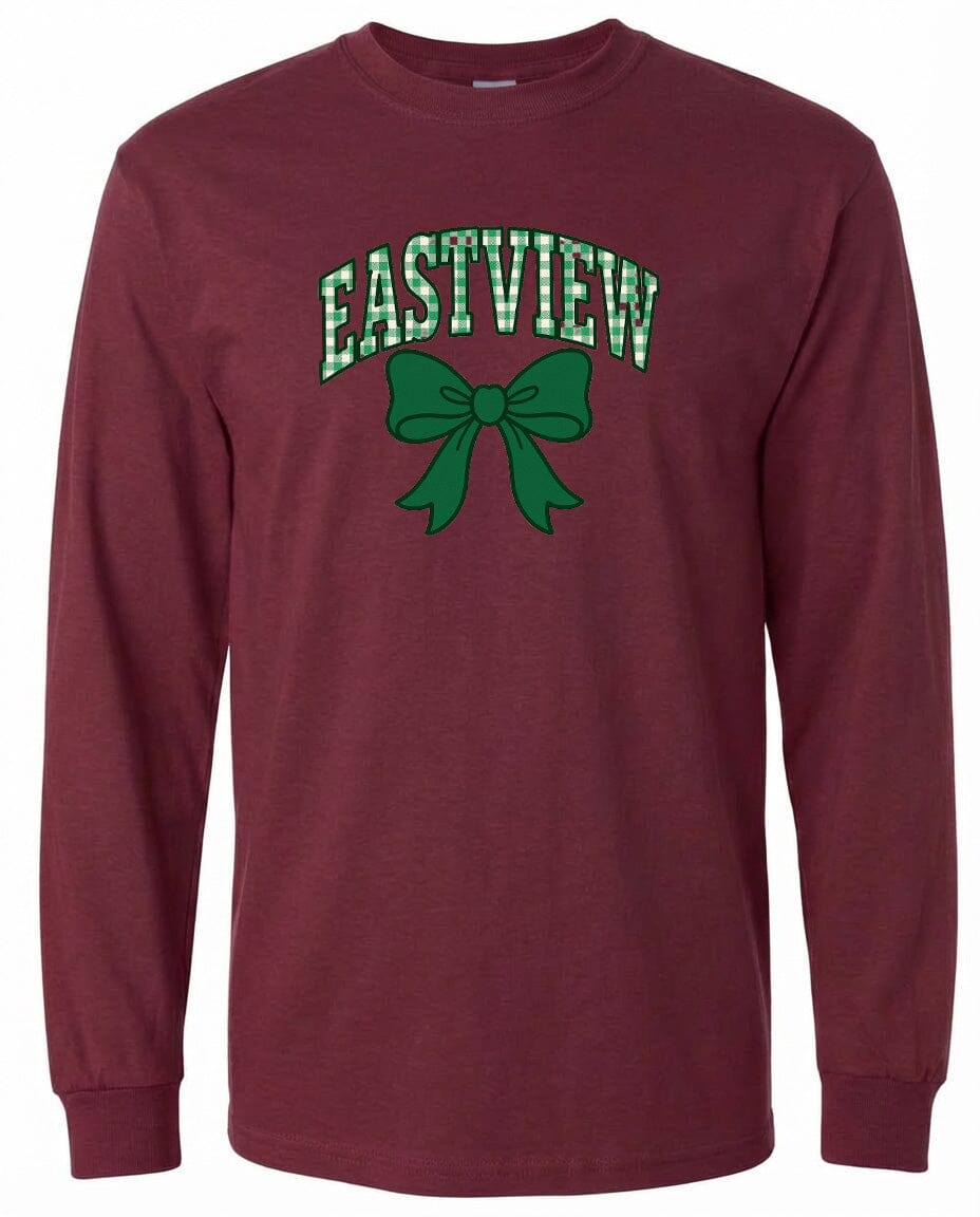 A burgundy long-sleeved t-shirt with a green bow and the word "EASTVIEW" printed on it.