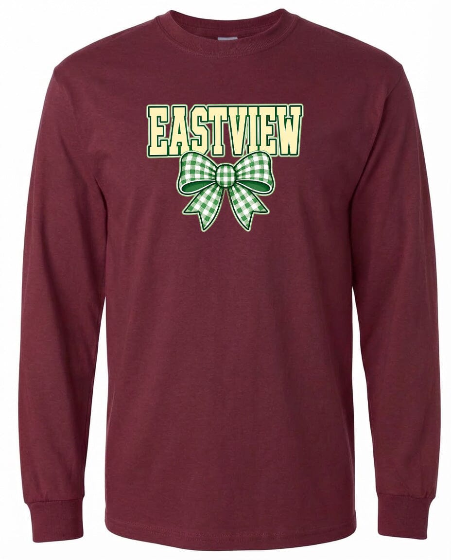 A burgundy long-sleeved t-shirt with a green and white checkered bow and the word "EASTVIEW" printed on it.