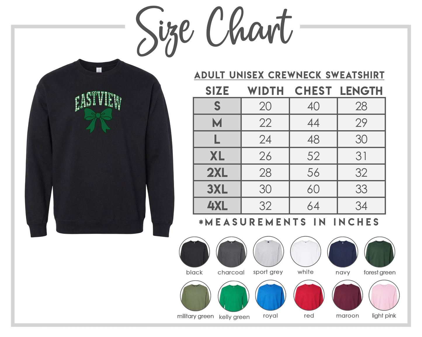 The image is a size chart for an adult unisex crew neck sweatshirt. It includes a black crew neck sweatshirt with a green bow and a table with size measurements and corresponding crew neck sizes.