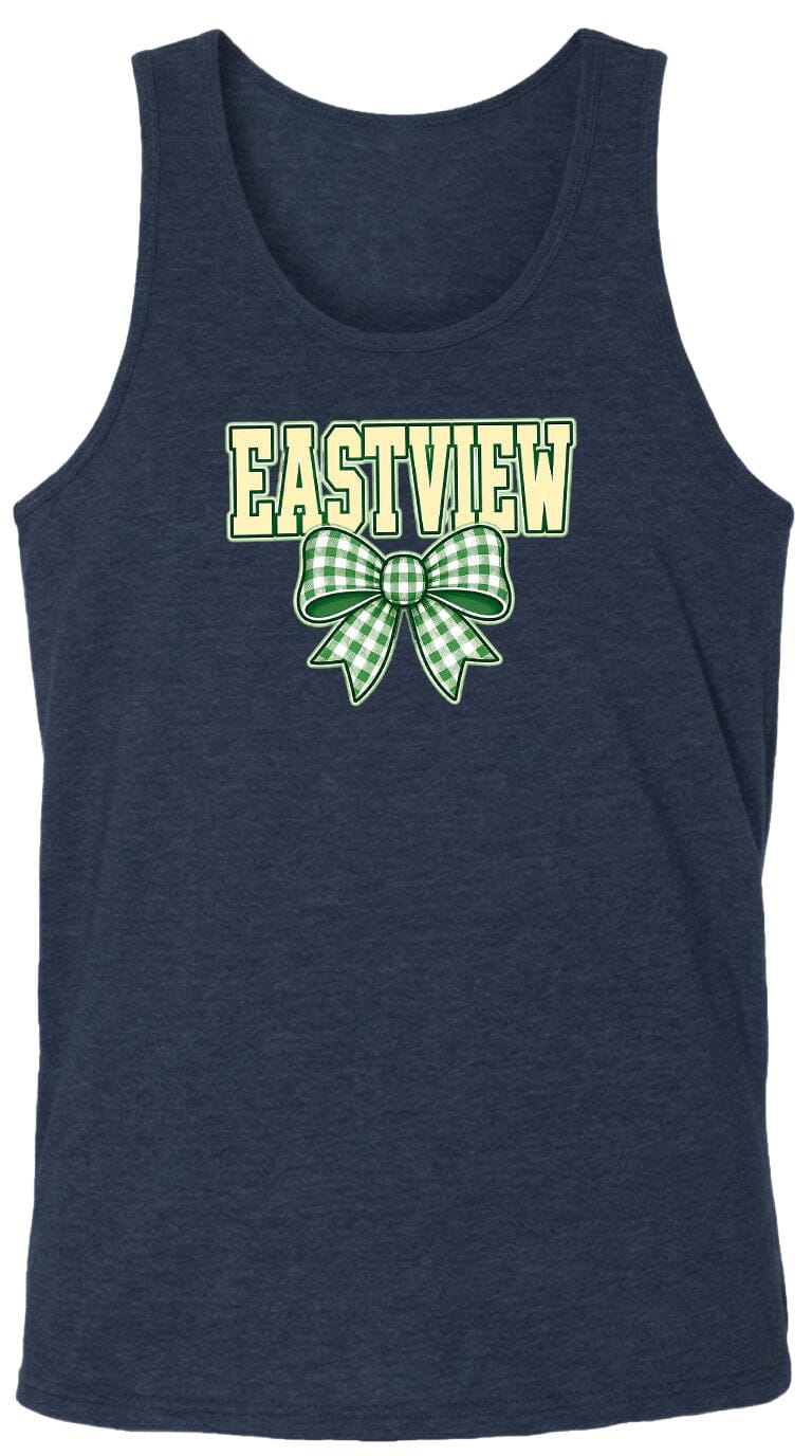 A navy blue tank top with a green and white bow graphic and the word "EASTVIEW" printed on it.