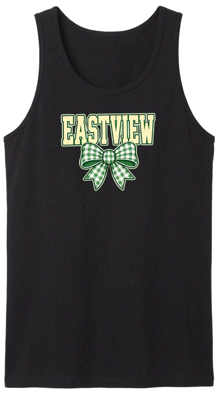 A black tank top with the word "EASTVIEW" and a green and white bow printed on it.