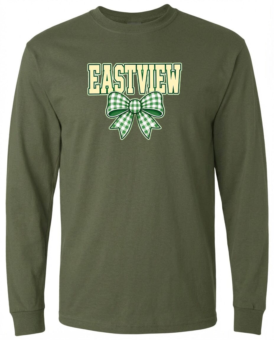 A long-sleeved olive green t-shirt with a green and white checkered bow and the word "EASTVIEW" printed on it.