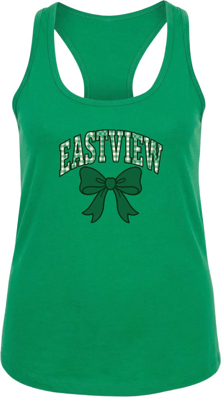 A green tank top with the text "EASTVIEW" and a bow graphic printed on it.