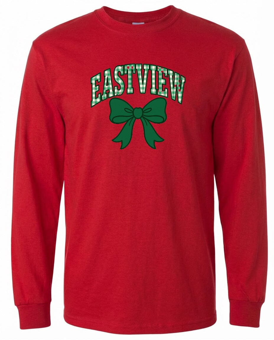 A red long-sleeved t-shirt with a green bow and the word "EASTVIEW" printed on it.