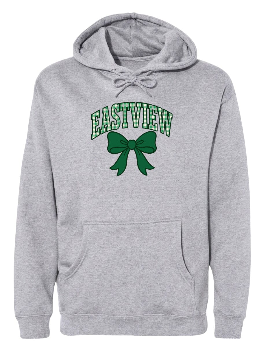 A gray hoodie with a green bow and the word "EASTVIEW" printed on it.