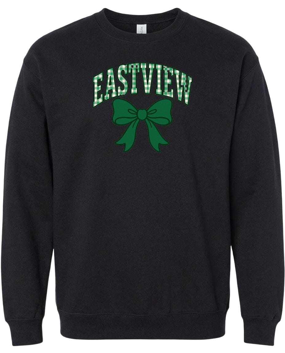 A black sweatshirt with a green bow and the word "EASTVIEW" printed on it.