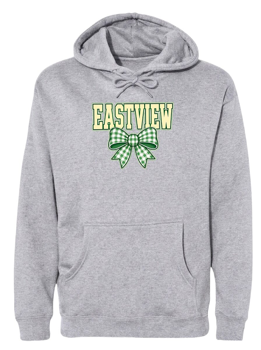 A gray hoodie with a green and white bow on the front.