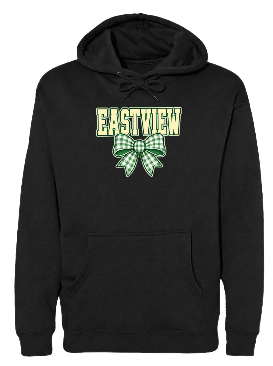 A black hoodie with a green and white bow on the front.
