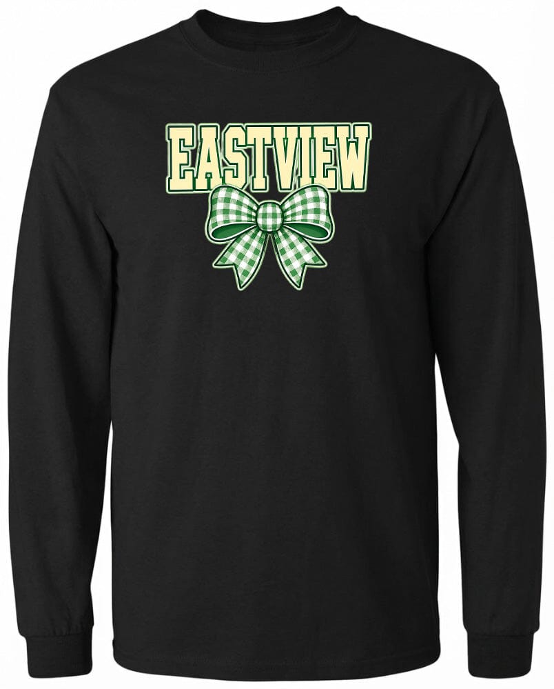 A black long-sleeved shirt with a green and white checkered bow and the word "EASTVIEW" printed on it.