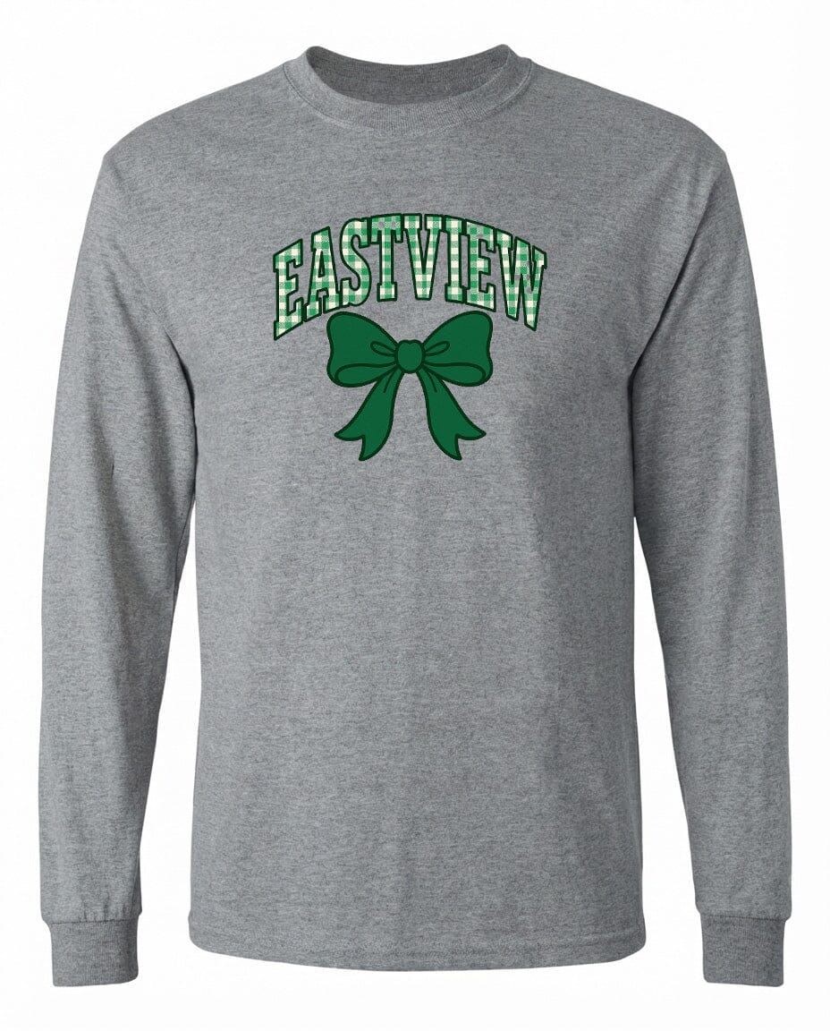 A gray long-sleeved t-shirt with a green bow and the text "EASTVIEW" printed on it.