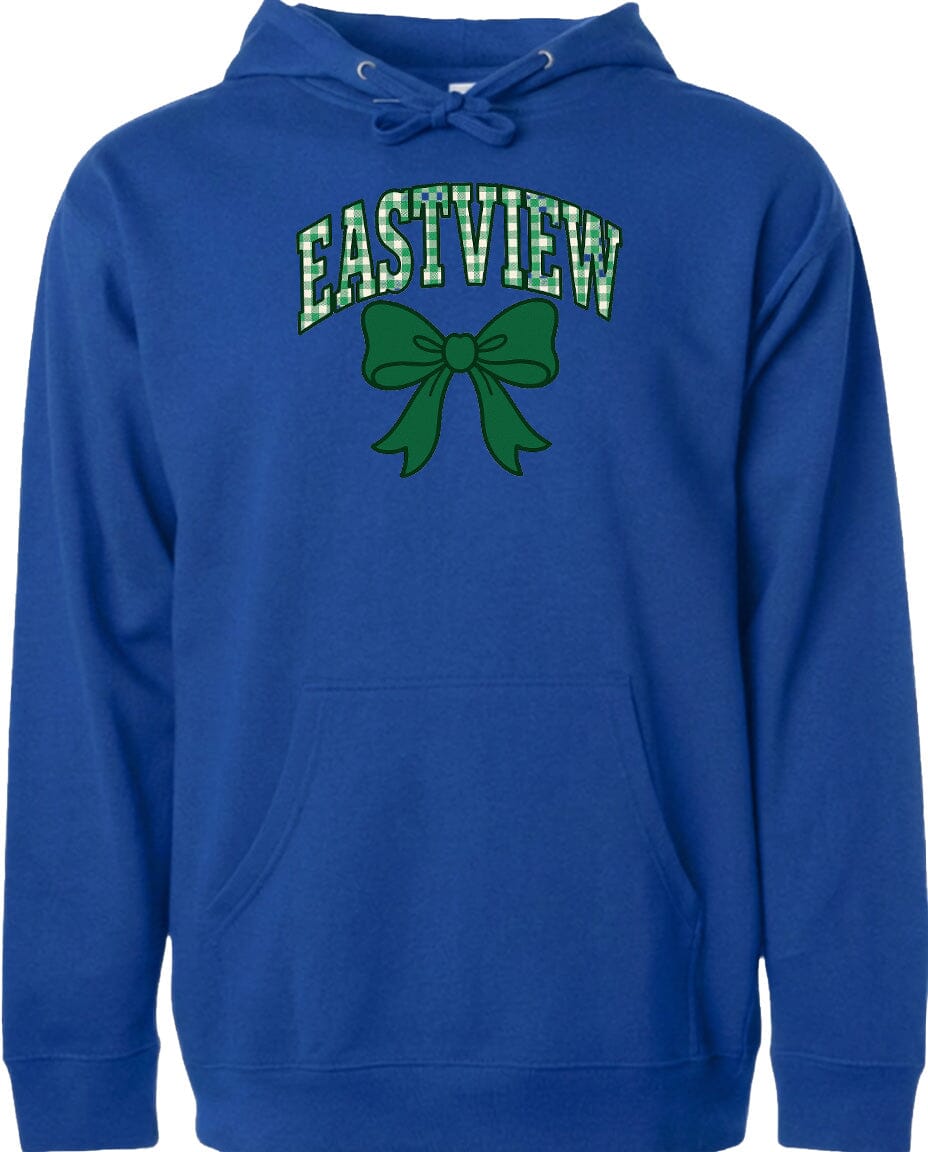 A blue hoodie with a green bow and the word "EASTVIEW" printed on it.