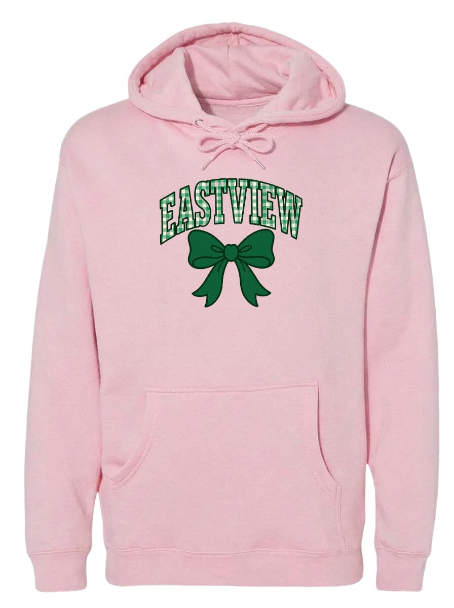 A pink hoodie with the word "EASTVIEW" and a green bow printed on it.