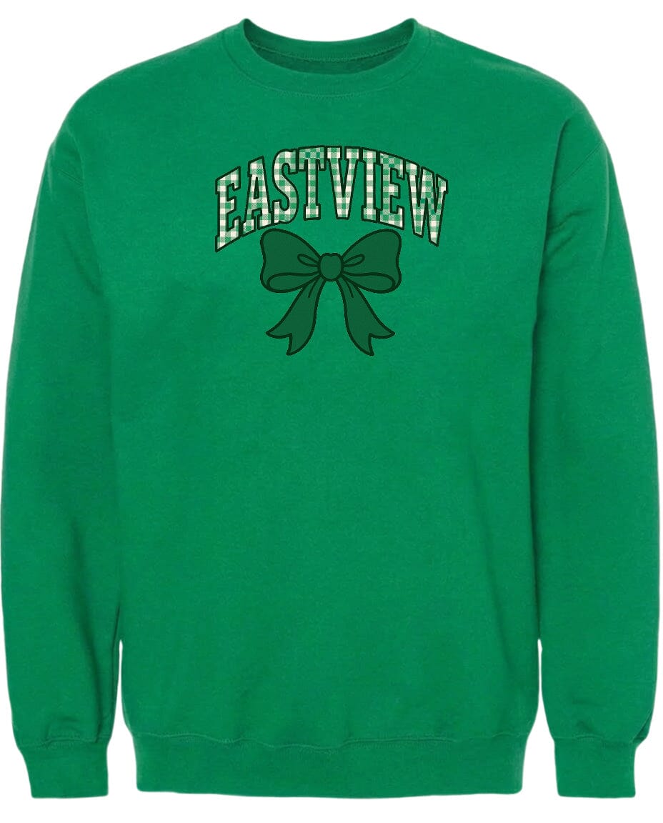A bright green sweatshirt with a bow and the word "EASTVIEW" printed on it.