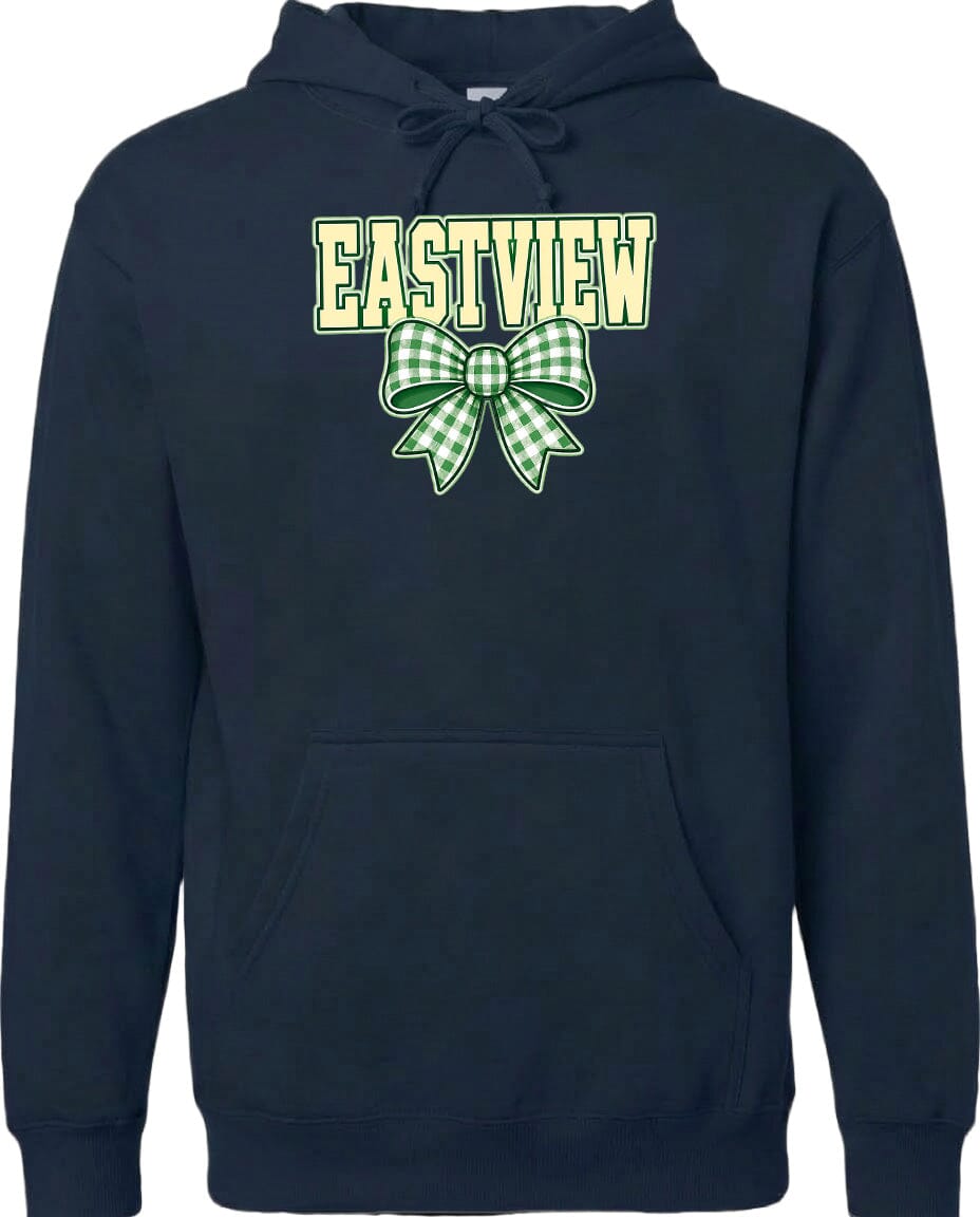 A navy blue hoodie with a green and white bow on the front.