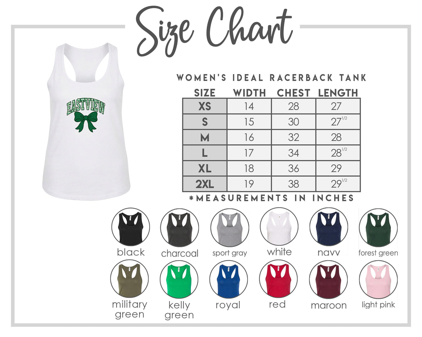 The image is a size chart for a women's ideal racerback tank, including a white tank with a green bow and a table with various colored tops.