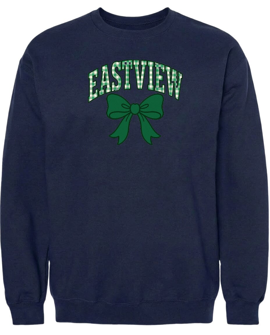A navy blue sweatshirt with a green bow and the word "EASTVIEW" printed on it.