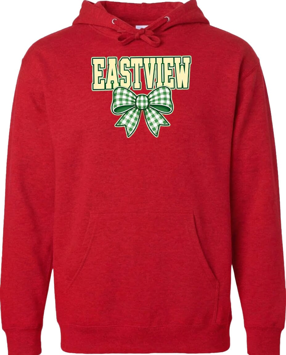 A red hoodie with a green and white bow on the front.