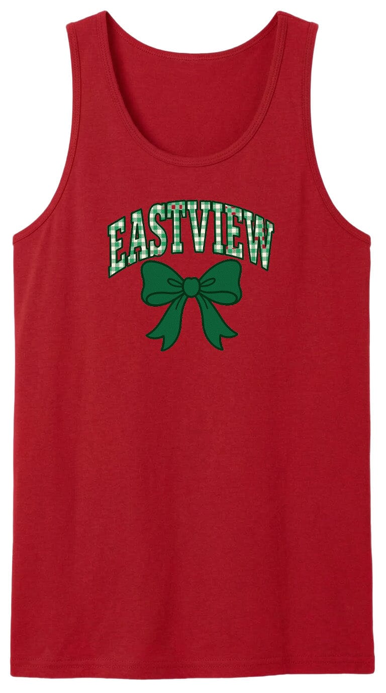 A red tank top with the word "EASTVIEW" and a green bow printed on it.