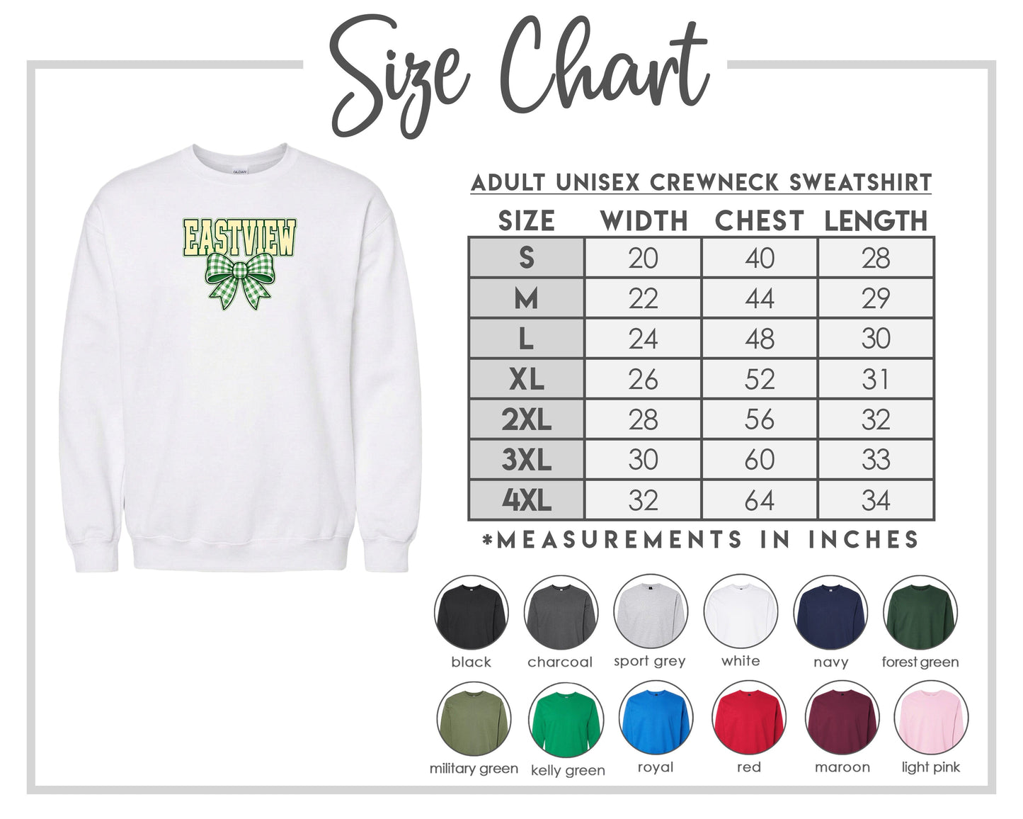 The image is a size chart for an adult unisex crewneck sweatshirt. It includes a white crewneck sweatshirt with a green and yellow design, along with a table of size measurements and corresponding colors.