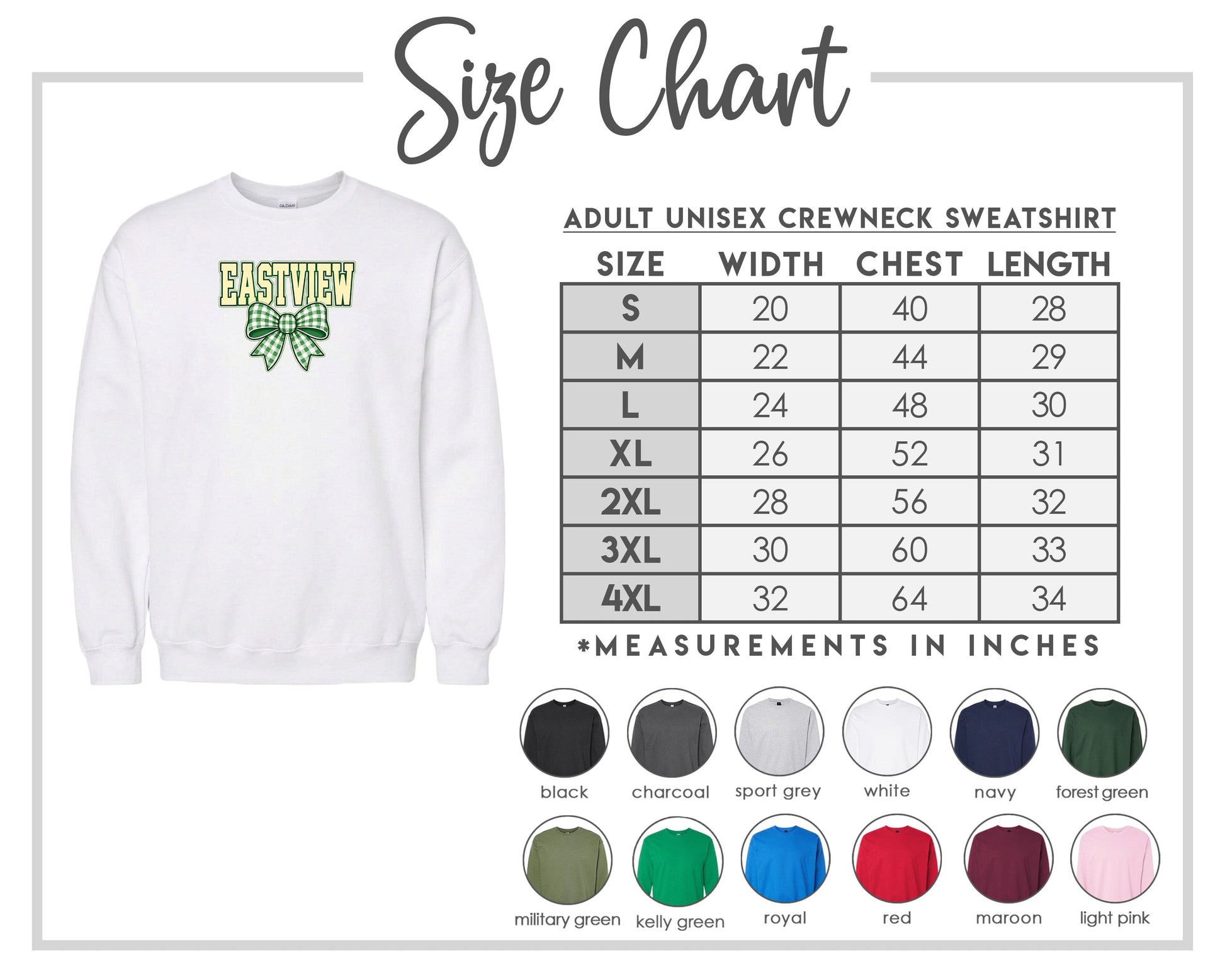 The image is a size chart for an adult unisex crewneck sweatshirt. It includes a white crewneck sweatshirt with a green and yellow design, along with a table of size measurements and corresponding colors.