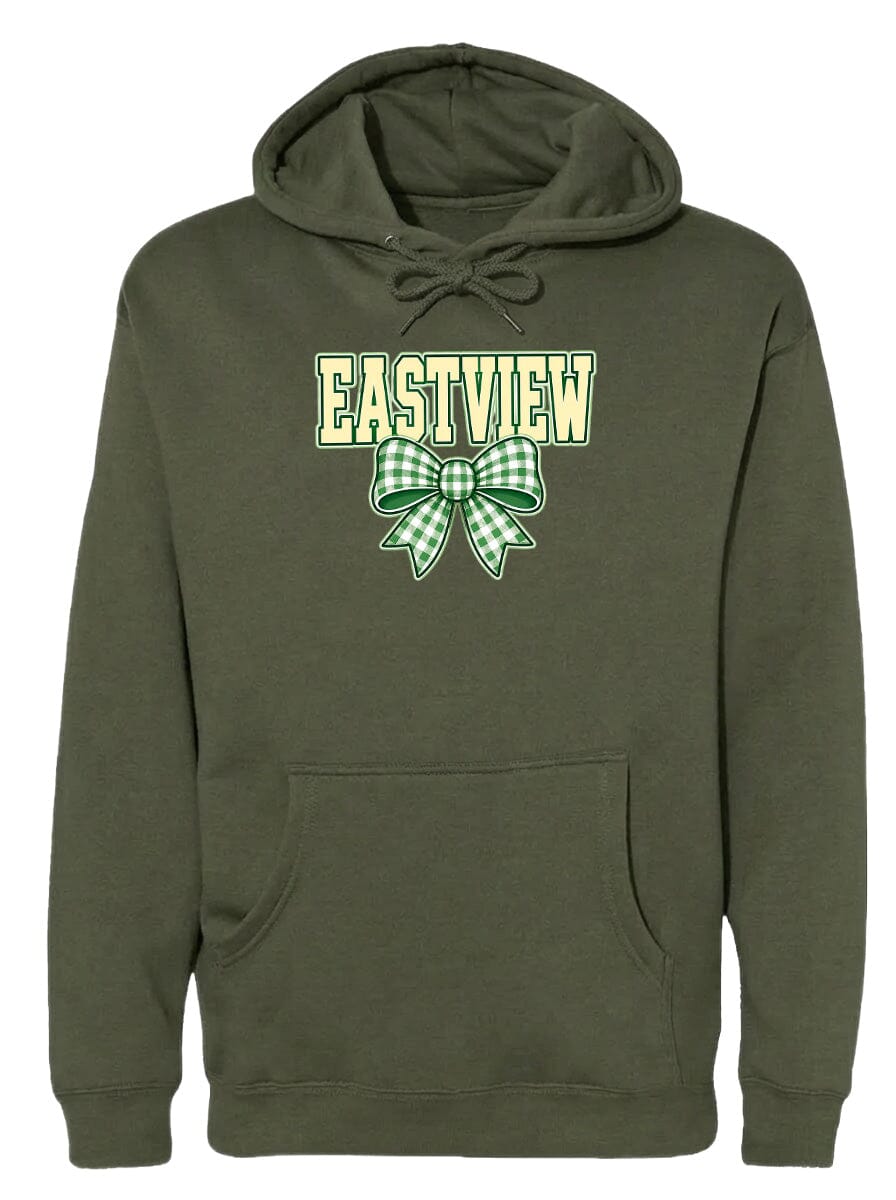 A dark green hoodie with a green and white bow on the front.
