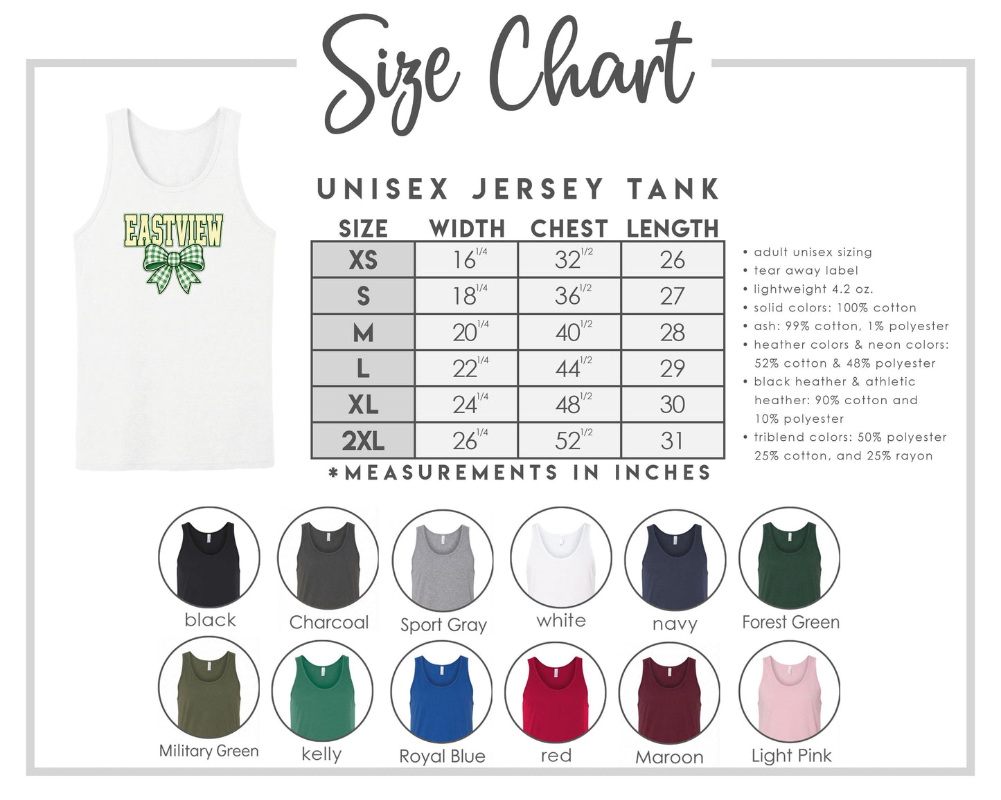 The image is a size chart for a unisex jersey tank, providing measurements and corresponding tank sizes for different chest lengths.