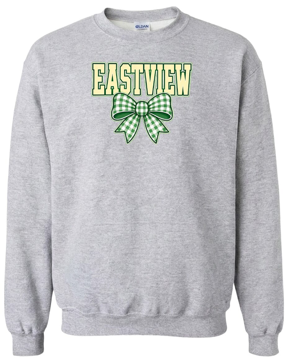 A gray sweatshirt with a green and white checkered bow and the word "EASTVIEW" printed on it.