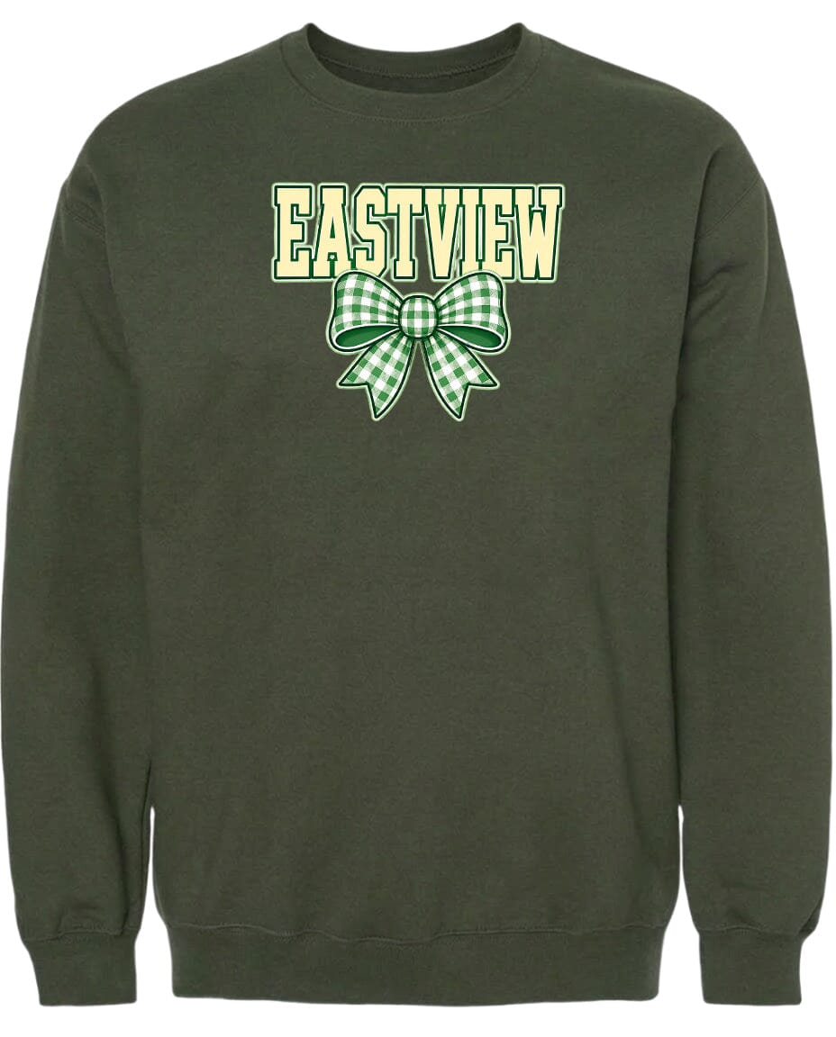 A dark green sweatshirt with a large green bow and the word "EASTVIEW" printed on it.