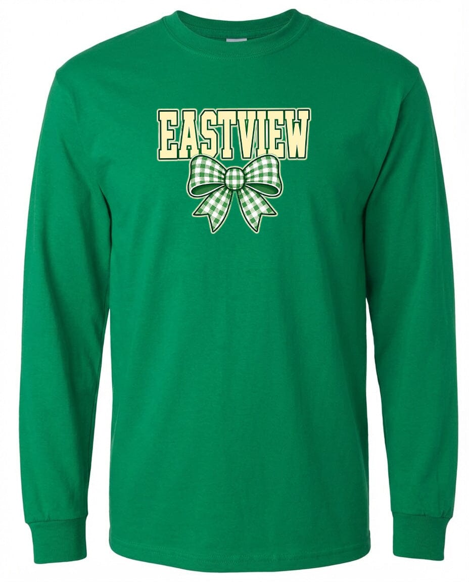 A long-sleeved green t-shirt with a white and green bow graphic and the word "EASTVIEW" printed on it.