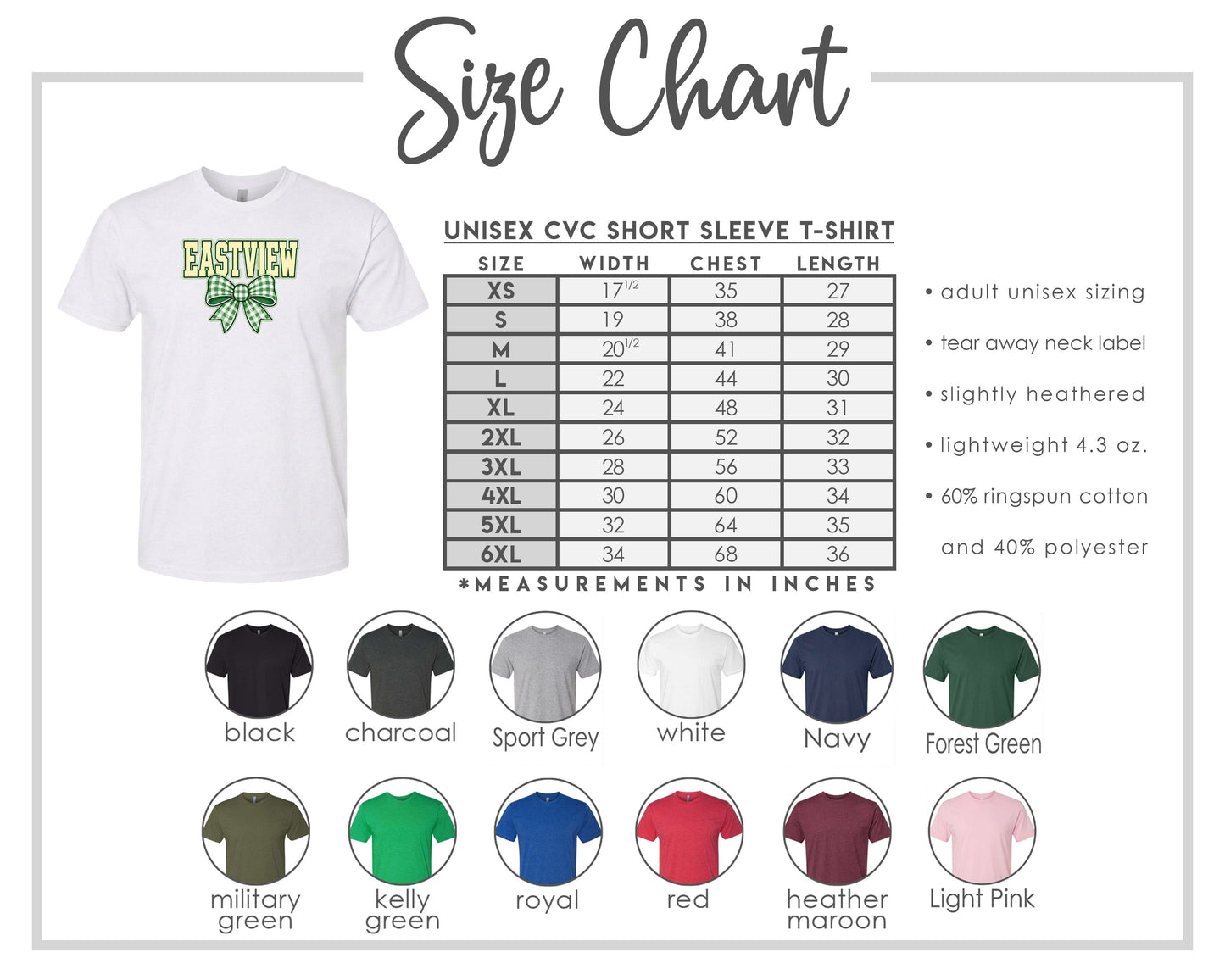 The image is a size chart for a white short sleeve t-shirt, including various color options and corresponding measurements in inches.