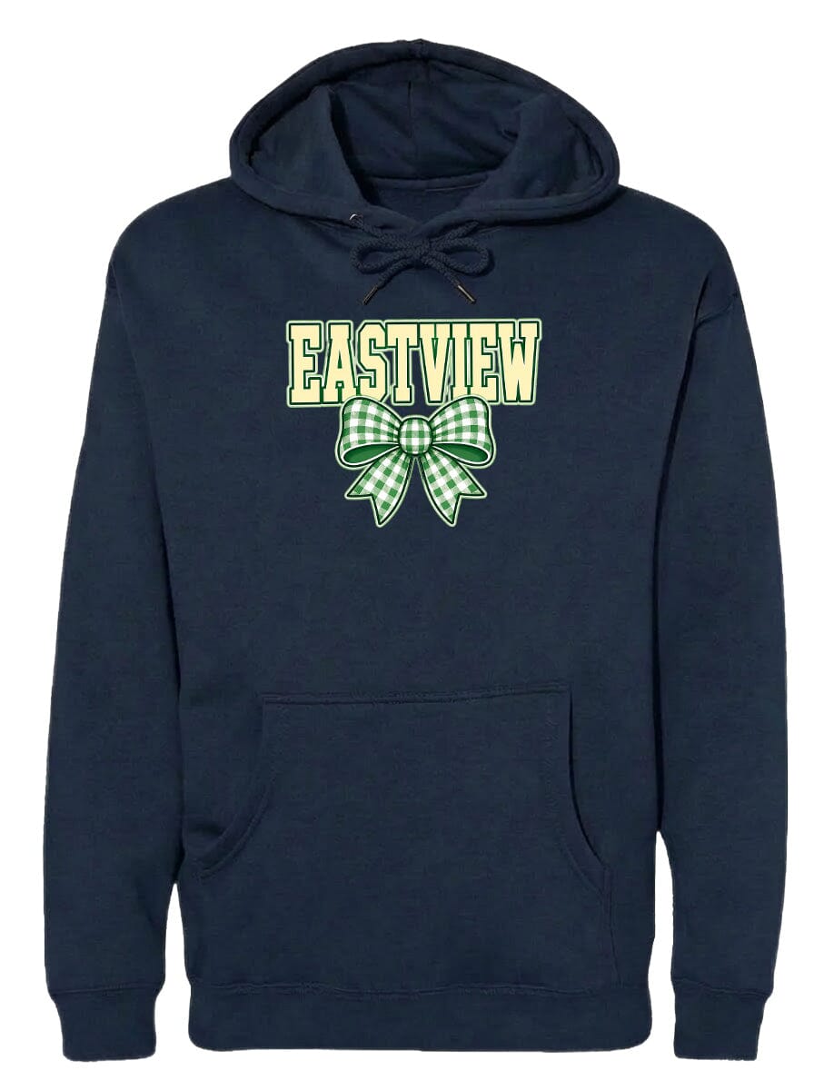 A navy blue hoodie with a green and white bow on the front.