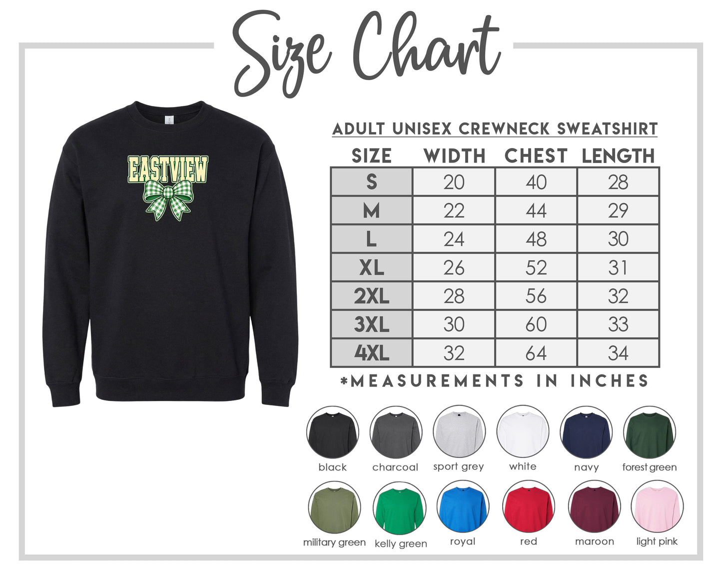 The image is a size chart for an adult unisex crewneck sweatshirt. It includes a black crewneck sweatshirt with the word "EASTVIEW" printed on it, along with a table of size measurements for different chest and waist sizes. The chart also displays various color options for the sweatshirt, including black, charcoal, sport grey, white, navy, forest green, black, royal, red, maroon, light pink, and military green.
