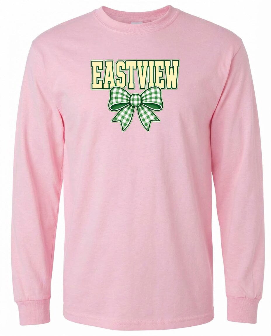 A pink long-sleeved shirt with a green and white checkered bow and the word "EASTVIEW" printed on it.