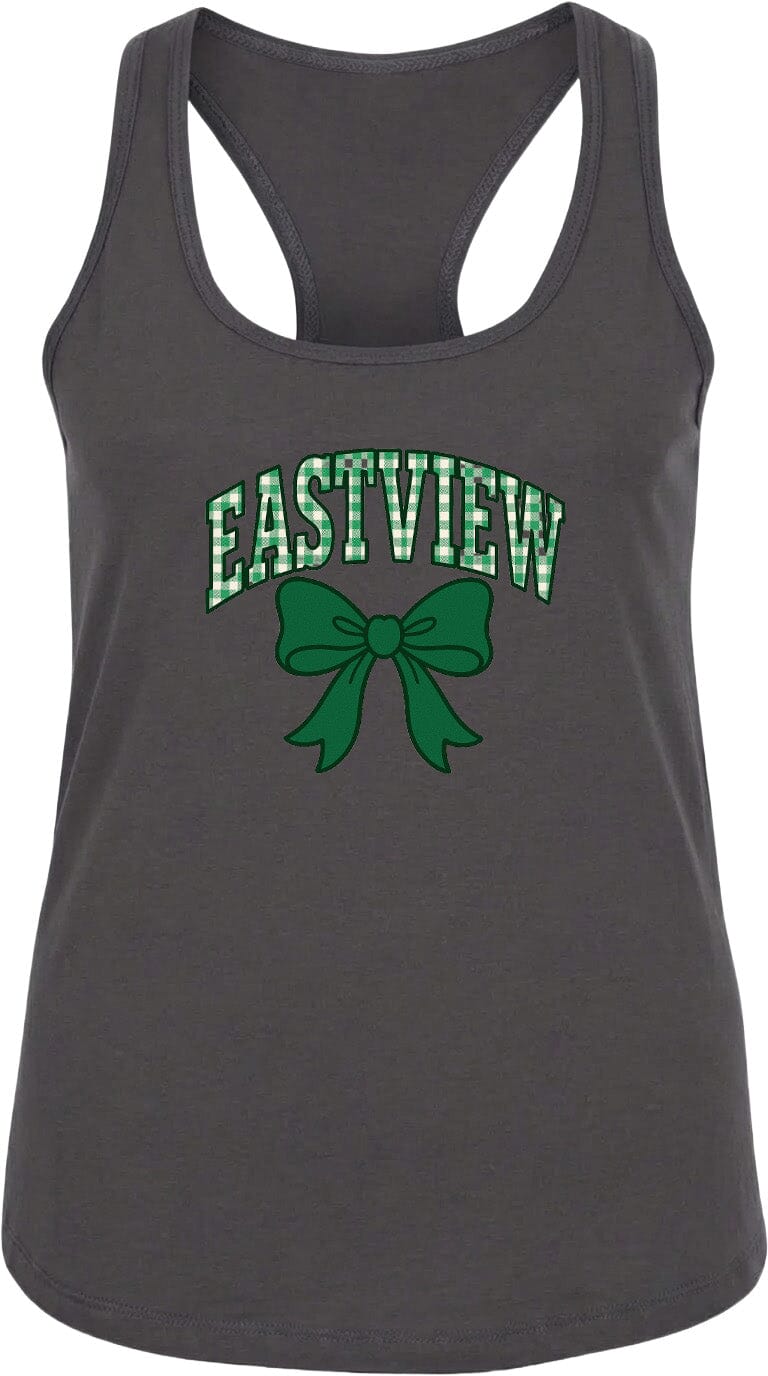 A gray tank top with the text "EASTVIEW" and a green bow graphic printed on it.
