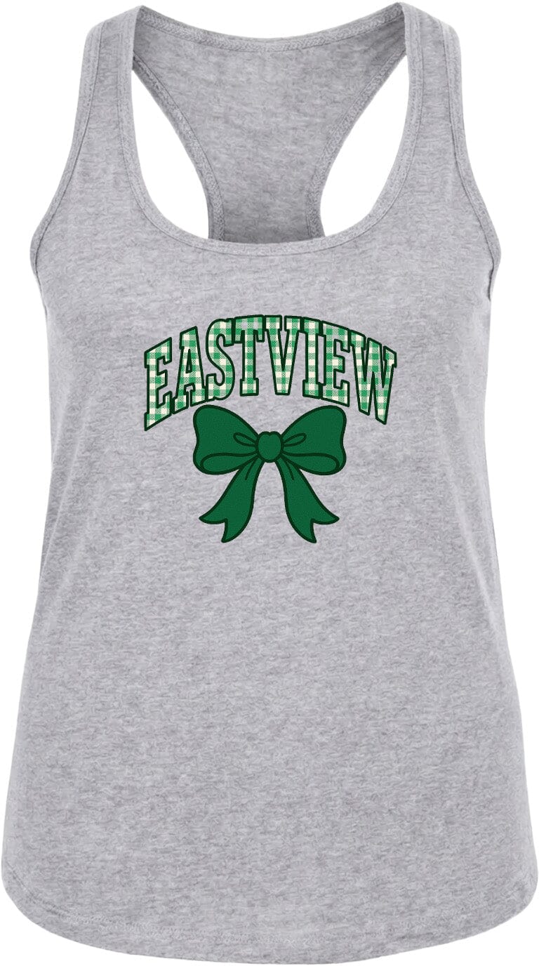 A gray tank top with the text "EASTVIEW" and a green bow graphic printed on it.