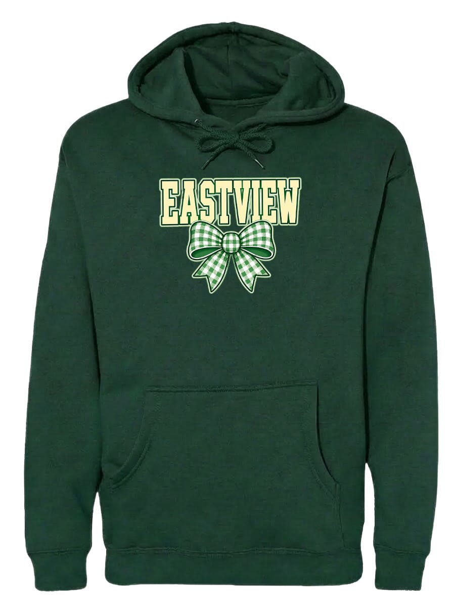 A dark green hoodie with a white and green bow on the front.